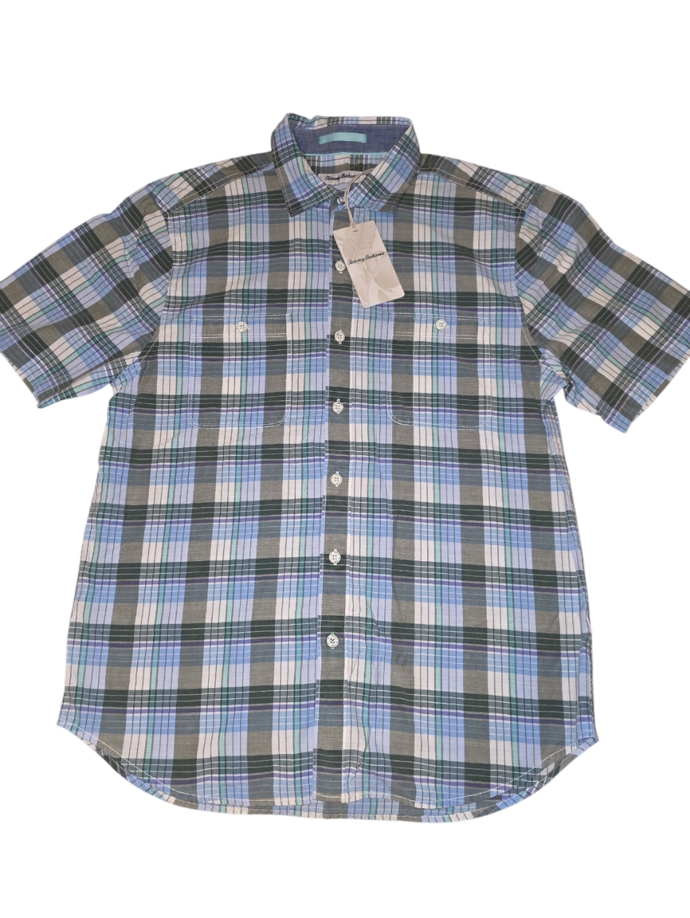 NWT Tommy Bahama Men's Medium Shirt Short Sleeve Plaid Gray Teal